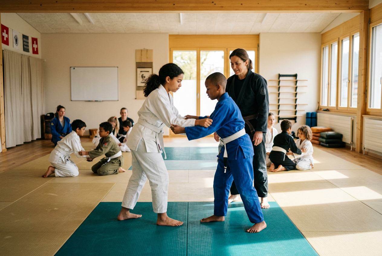 Illustration of children learning jiu-jitsu with an instructor