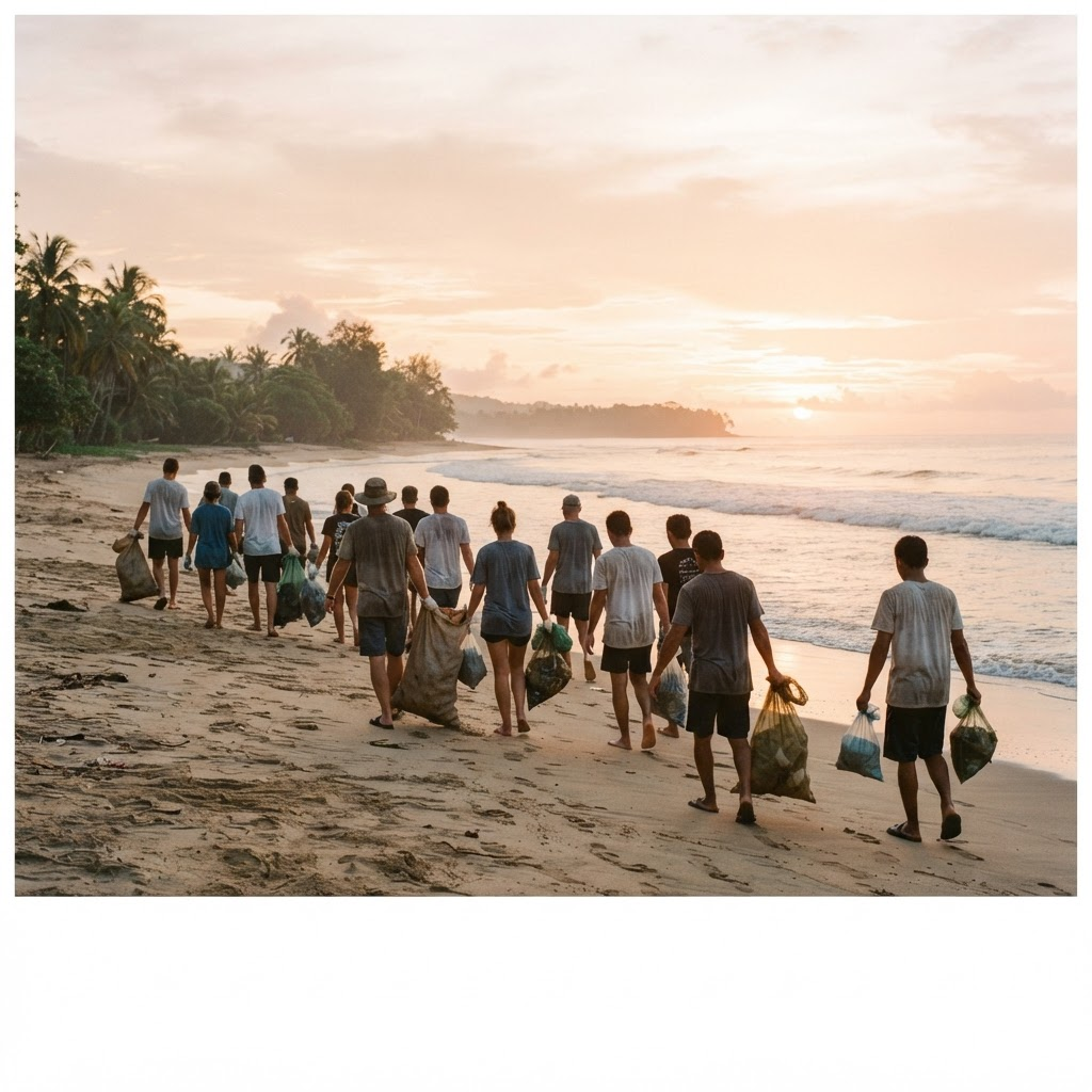 Volunteers taking part in a coastal clean-up at sunrise